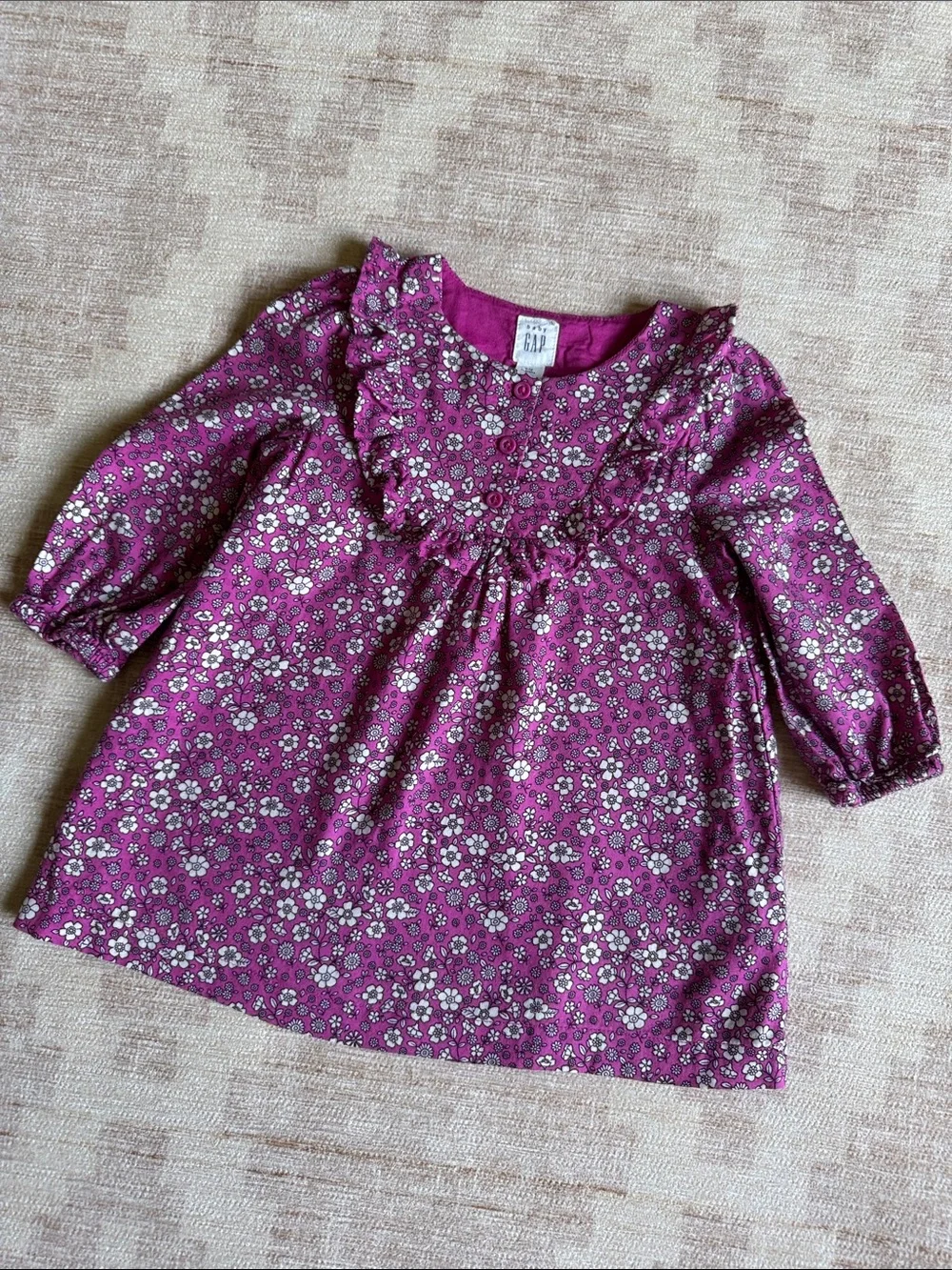 Baby GAP Girls Floral Ruffle Long-Sleeve Cotton Dress Purple & White size 6-12M